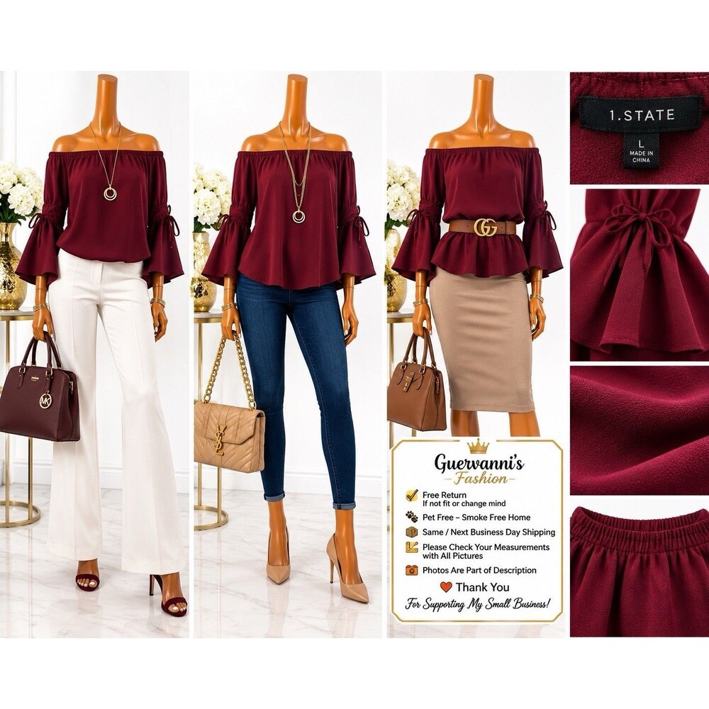 1.STATE Womens Burgundy Off Shoulder Blouse Bell Sleeve Ruched Tie Boho Top S